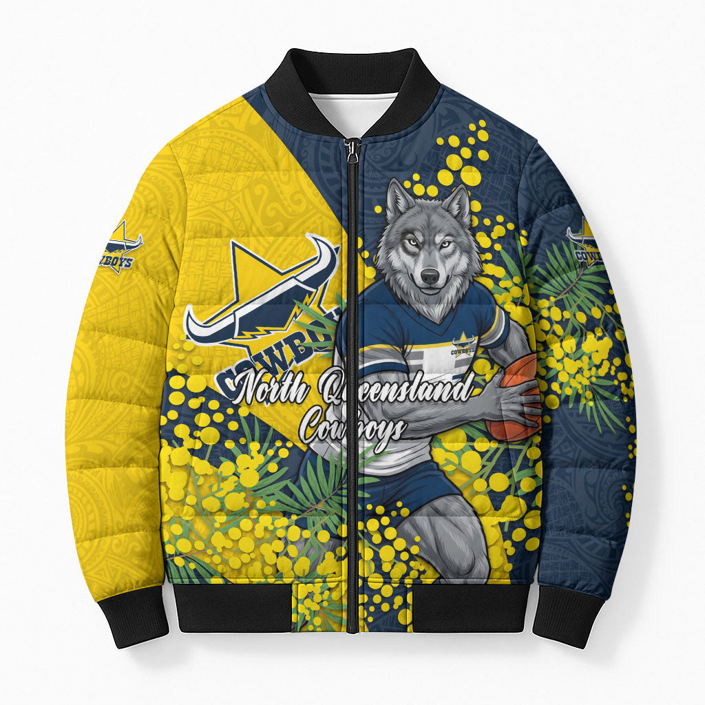 North Queensland Cowboys Bomber Puffer Jacket Golden Wattle Floral Polynesian - Australian Flower - Rugby Mascot