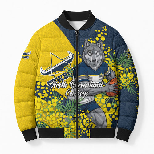 North Queensland Cowboys Bomber Puffer Jacket Golden Wattle Floral Polynesian - Australian Flower - Rugby Mascot