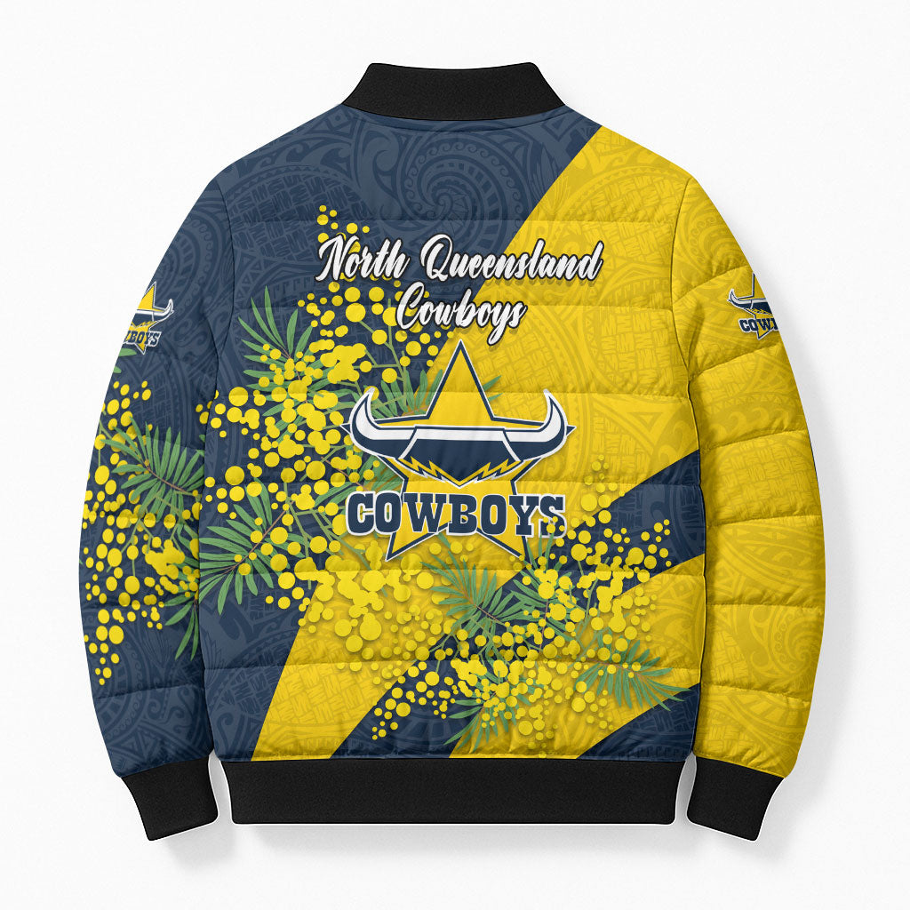 North Queensland Cowboys Bomber Puffer Jacket Golden Wattle Floral Polynesian - Australian Flower - Rugby Mascot