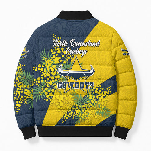 North Queensland Cowboys Bomber Puffer Jacket Golden Wattle Floral Polynesian - Australian Flower - Rugby Mascot