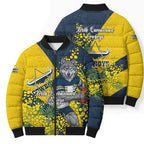 North Queensland Cowboys Bomber Puffer Jacket Golden Wattle Floral Polynesian - Australian Flower - Rugby Mascot