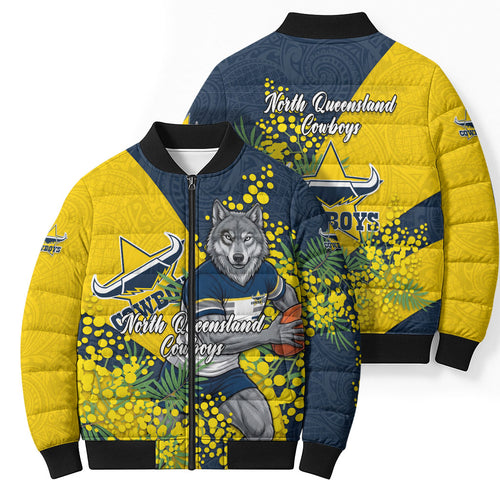 North Queensland Cowboys Bomber Puffer Jacket Golden Wattle Floral Polynesian - Australian Flower - Rugby Mascot
