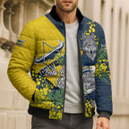North Queensland Cowboys Bomber Puffer Jacket Golden Wattle Floral Polynesian - Australian Flower - Rugby Mascot