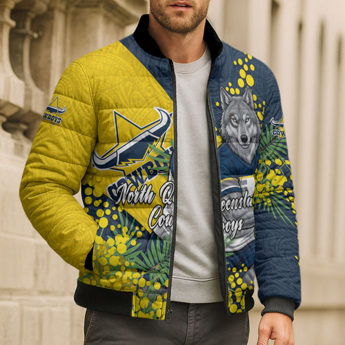 North Queensland Cowboys Bomber Puffer Jacket Golden Wattle Floral Polynesian - Australian Flower - Rugby Mascot
