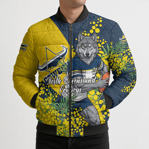 North Queensland Cowboys Bomber Puffer Jacket Golden Wattle Floral Polynesian - Australian Flower - Rugby Mascot