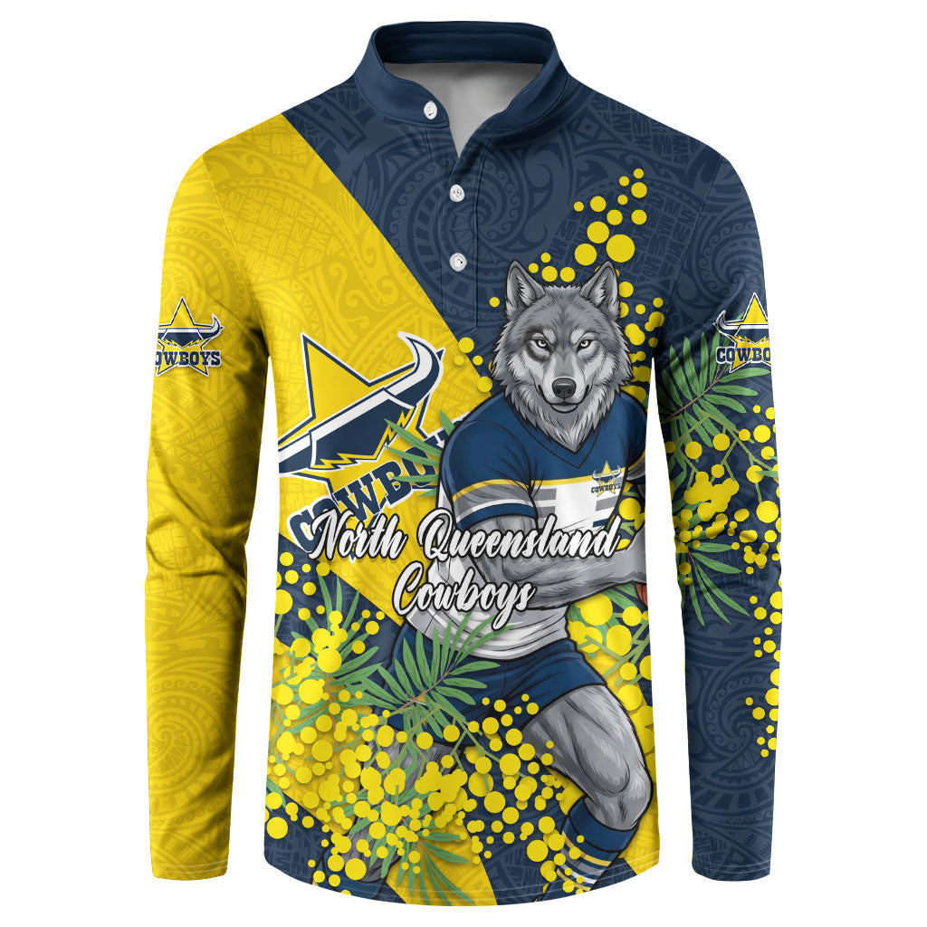 North Queensland Cowboys Button Sweatshirt Golden Wattle Floral Polynesian - Australian Flower - Rugby Mascot