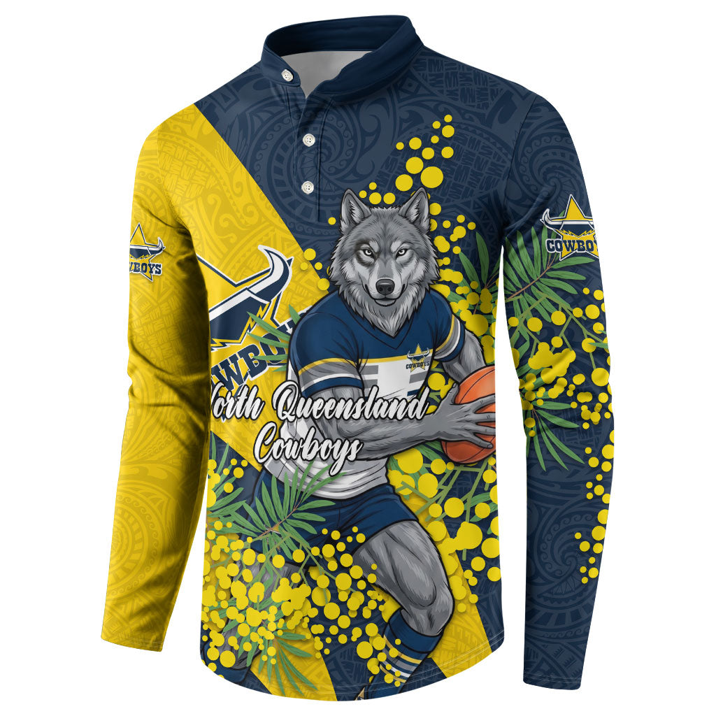 North Queensland Cowboys Button Sweatshirt Golden Wattle Floral Polynesian - Australian Flower - Rugby Mascot