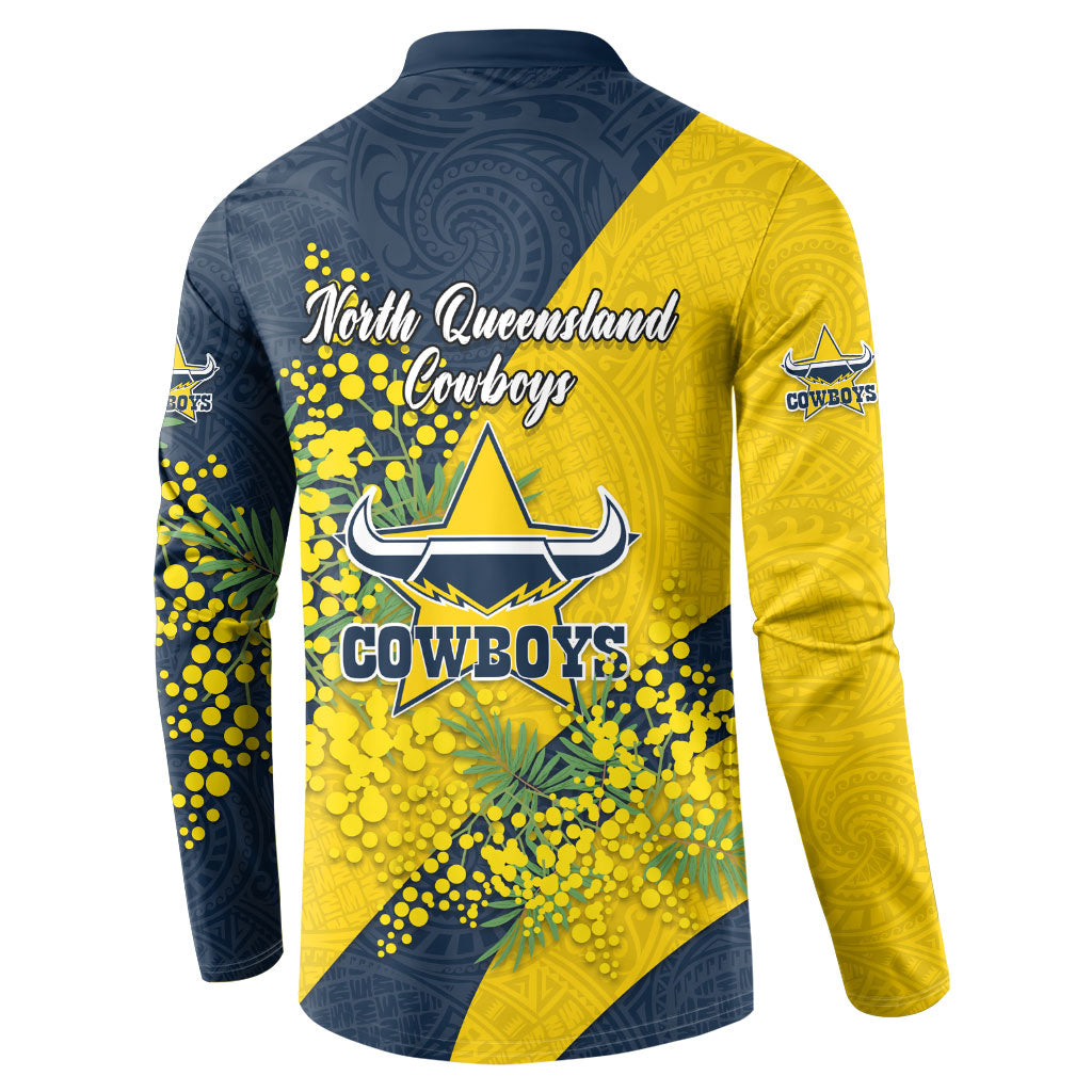 North Queensland Cowboys Button Sweatshirt Golden Wattle Floral Polynesian - Australian Flower - Rugby Mascot