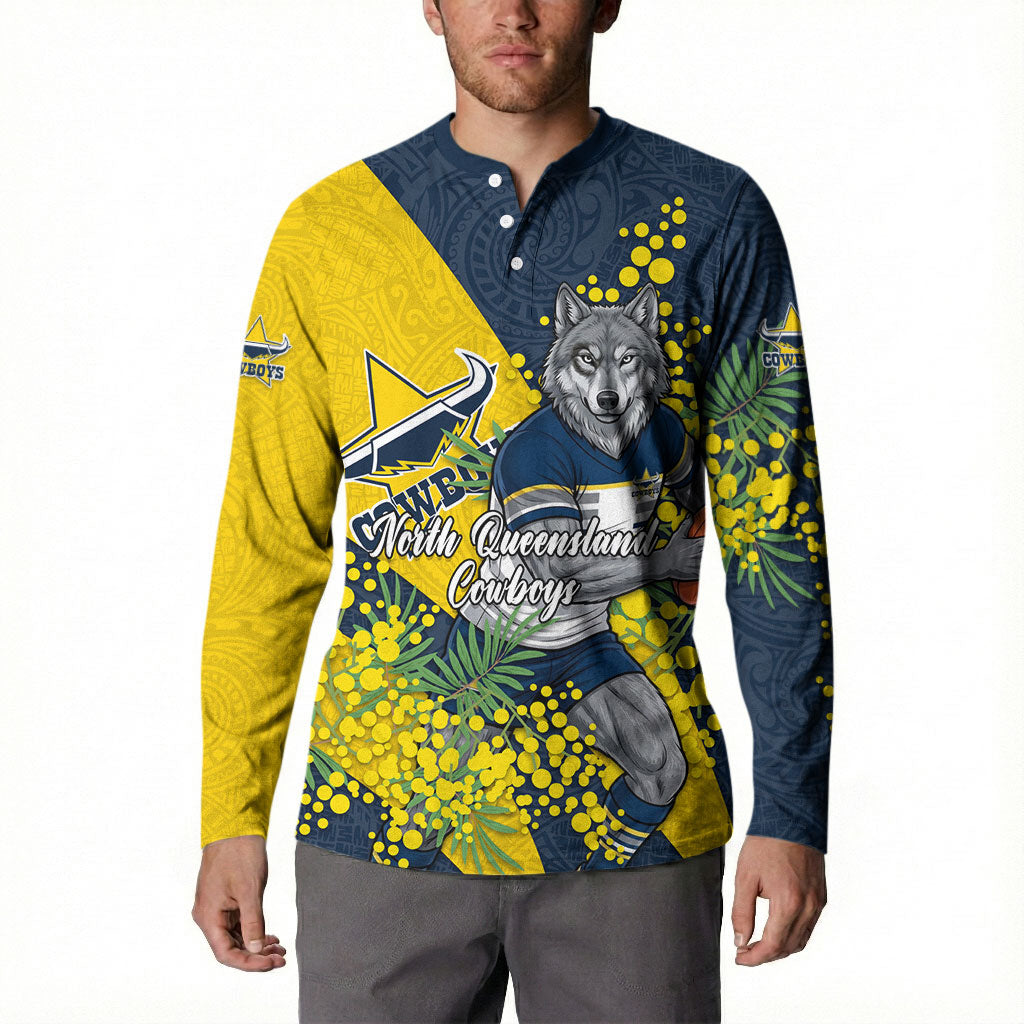 North Queensland Cowboys Button Sweatshirt Golden Wattle Floral Polynesian - Australian Flower - Rugby Mascot