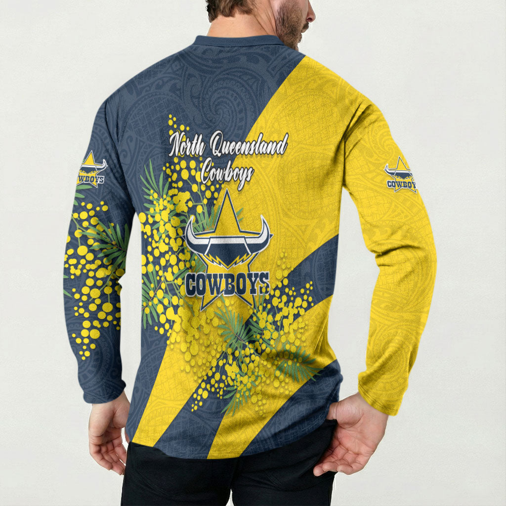 North Queensland Cowboys Button Sweatshirt Golden Wattle Floral Polynesian - Australian Flower - Rugby Mascot