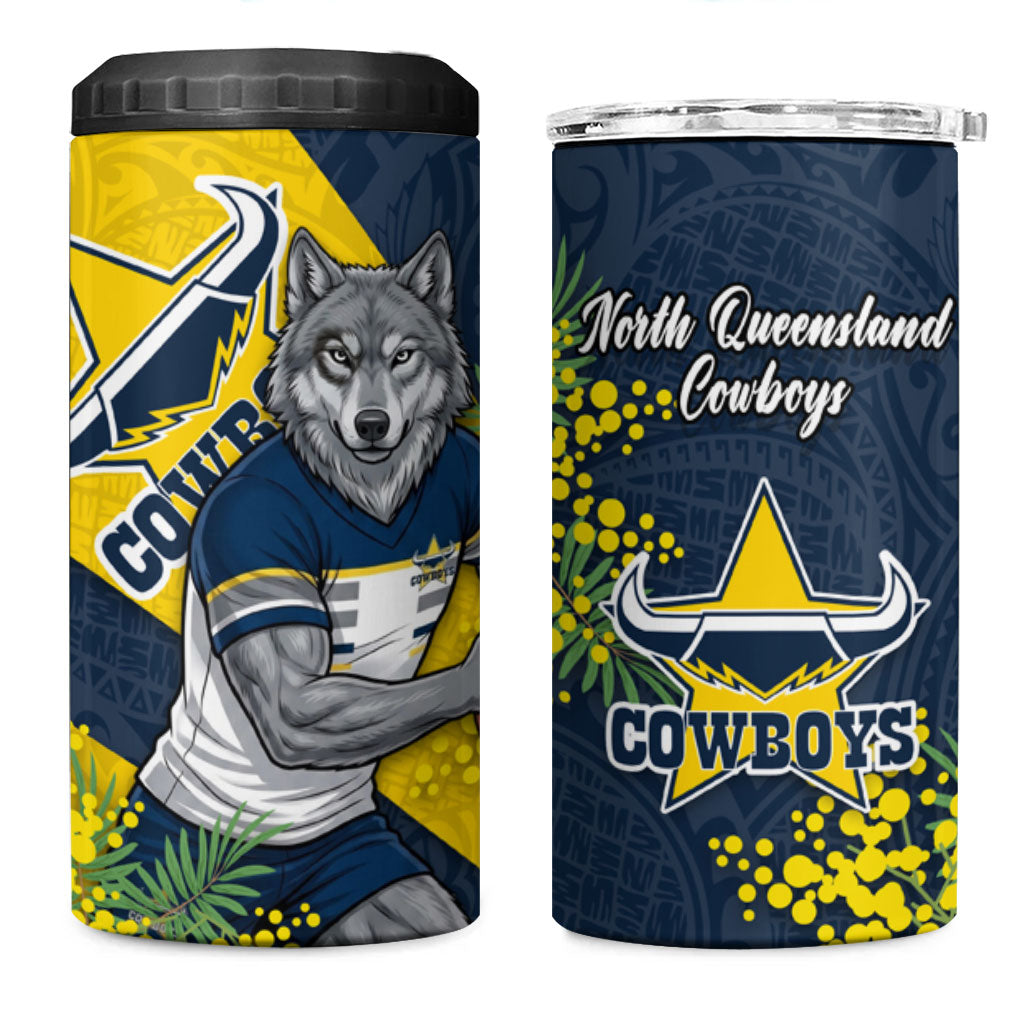North Queensland Cowboys 4 in 1 Can Cooler Tumbler Golden Wattle Floral Polynesian - Australian Flower - Rugby Mascot