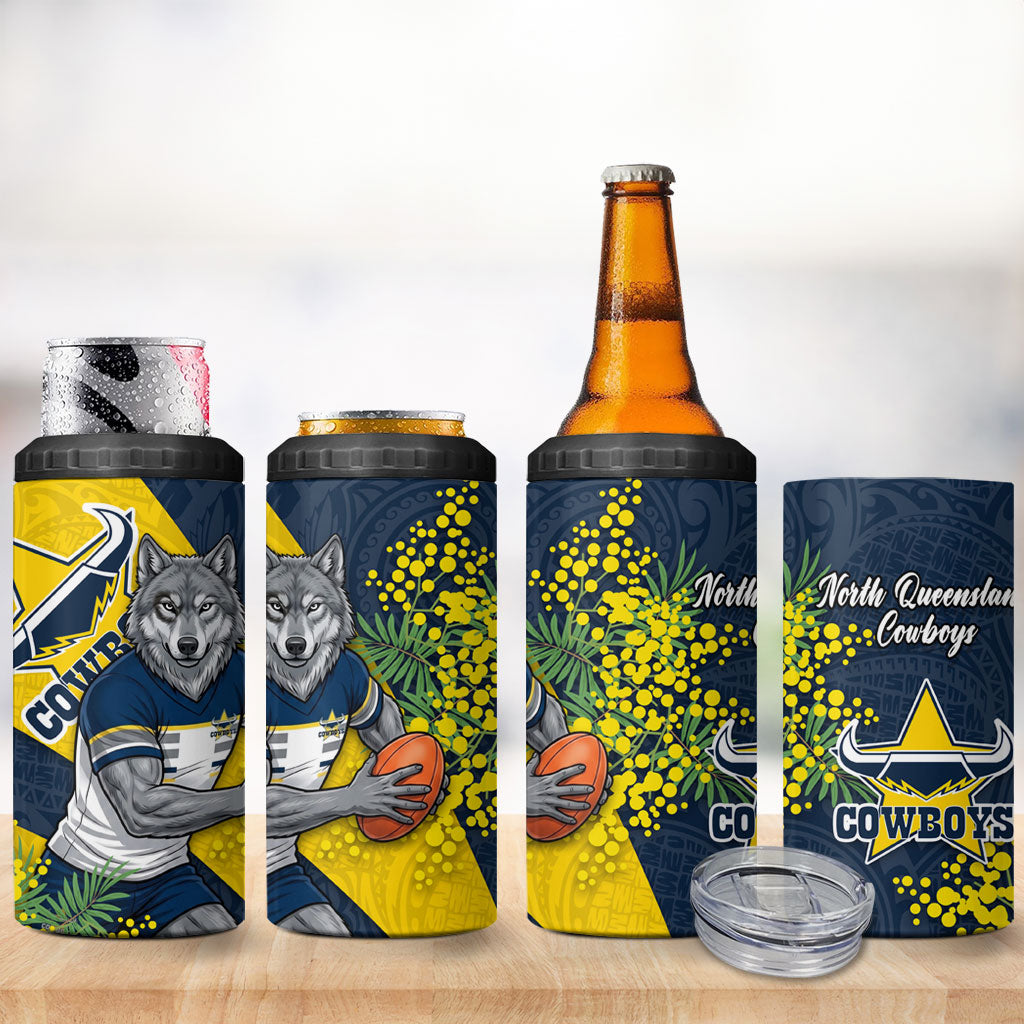 North Queensland Cowboys 4 in 1 Can Cooler Tumbler Golden Wattle Floral Polynesian - Australian Flower - Rugby Mascot