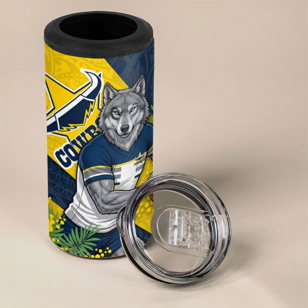 North Queensland Cowboys 4 in 1 Can Cooler Tumbler Golden Wattle Floral Polynesian - Australian Flower - Rugby Mascot