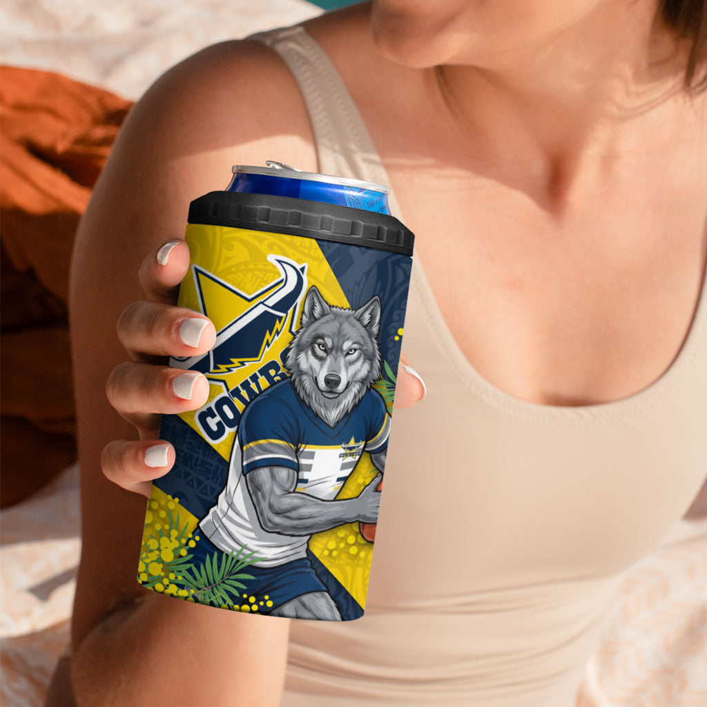 North Queensland Cowboys 4 in 1 Can Cooler Tumbler Golden Wattle Floral Polynesian - Australian Flower - Rugby Mascot