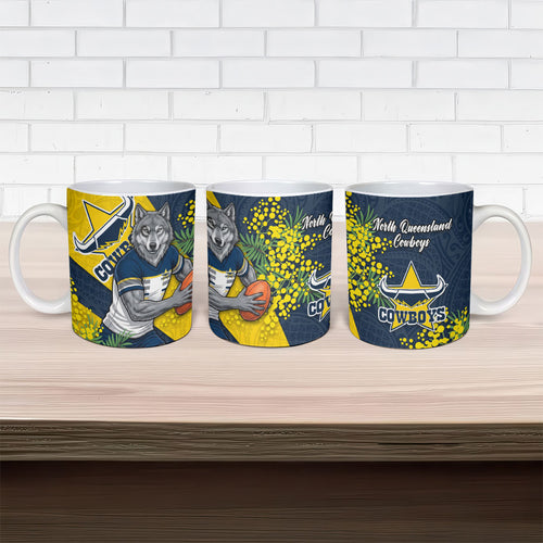 North Queensland Cowboys Ceramic Mug Golden Wattle Floral Polynesian - Australian Flower - Rugby Mascot