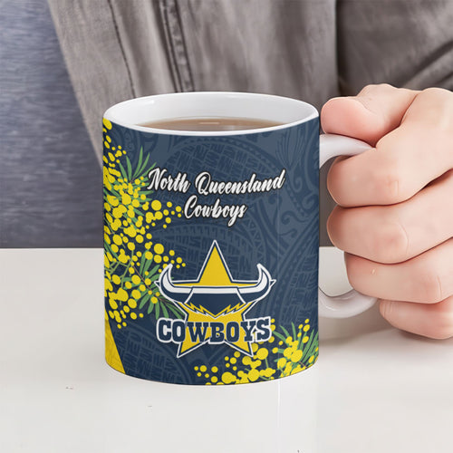 North Queensland Cowboys Ceramic Mug Golden Wattle Floral Polynesian - Australian Flower - Rugby Mascot