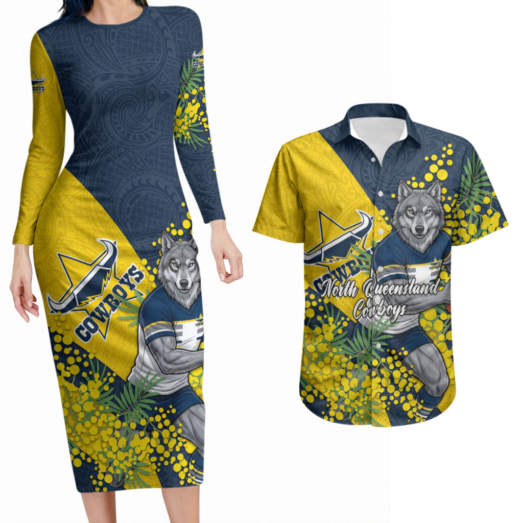 North Queensland Cowboys Couples Matching Long Sleeve Bodycon Dress and Hawaiian Shirt Golden Wattle Floral Polynesian - Australian Flower - Rugby Mascot