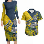 North Queensland Cowboys Couples Matching Long Sleeve Bodycon Dress and Hawaiian Shirt Golden Wattle Floral Polynesian - Australian Flower - Rugby Mascot