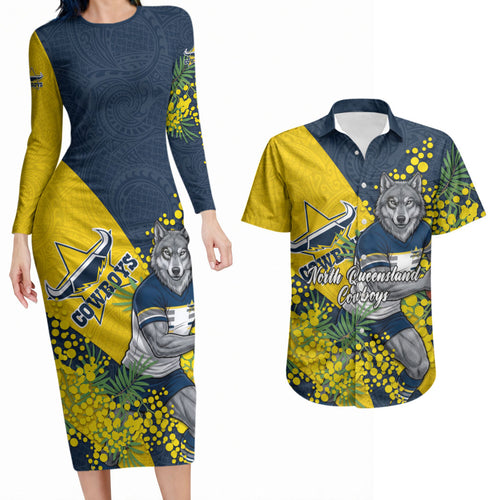 North Queensland Cowboys Couples Matching Long Sleeve Bodycon Dress and Hawaiian Shirt Golden Wattle Floral Polynesian - Australian Flower - Rugby Mascot