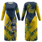 North Queensland Cowboys Couples Matching Long Sleeve Bodycon Dress and Hawaiian Shirt Golden Wattle Floral Polynesian - Australian Flower - Rugby Mascot