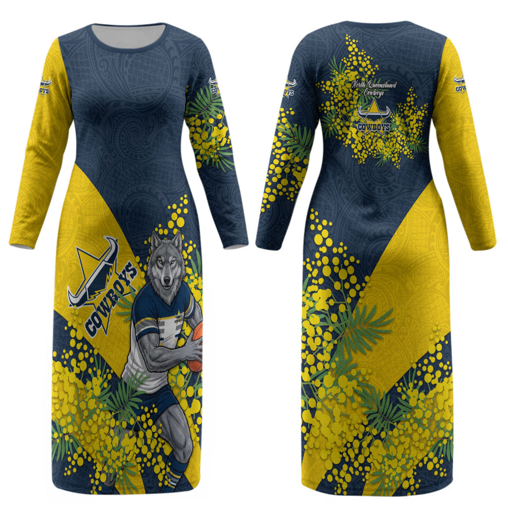 North Queensland Cowboys Couples Matching Long Sleeve Bodycon Dress and Hawaiian Shirt Golden Wattle Floral Polynesian - Australian Flower - Rugby Mascot