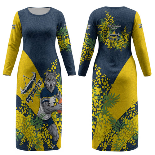 North Queensland Cowboys Couples Matching Long Sleeve Bodycon Dress and Hawaiian Shirt Golden Wattle Floral Polynesian - Australian Flower - Rugby Mascot