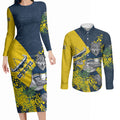 North Queensland Cowboys Couples Matching Long Sleeve Bodycon Dress and Long Sleeve Button Shirt Golden Wattle Floral Polynesian - Australian Flower - Rugby Mascot