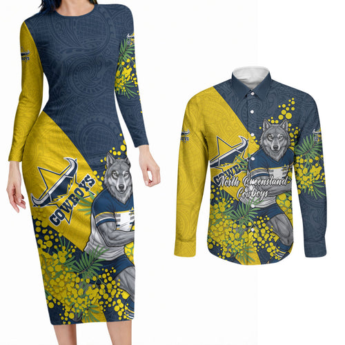North Queensland Cowboys Couples Matching Long Sleeve Bodycon Dress and Long Sleeve Button Shirt Golden Wattle Floral Polynesian - Australian Flower - Rugby Mascot