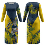 North Queensland Cowboys Couples Matching Long Sleeve Bodycon Dress and Long Sleeve Button Shirt Golden Wattle Floral Polynesian - Australian Flower - Rugby Mascot