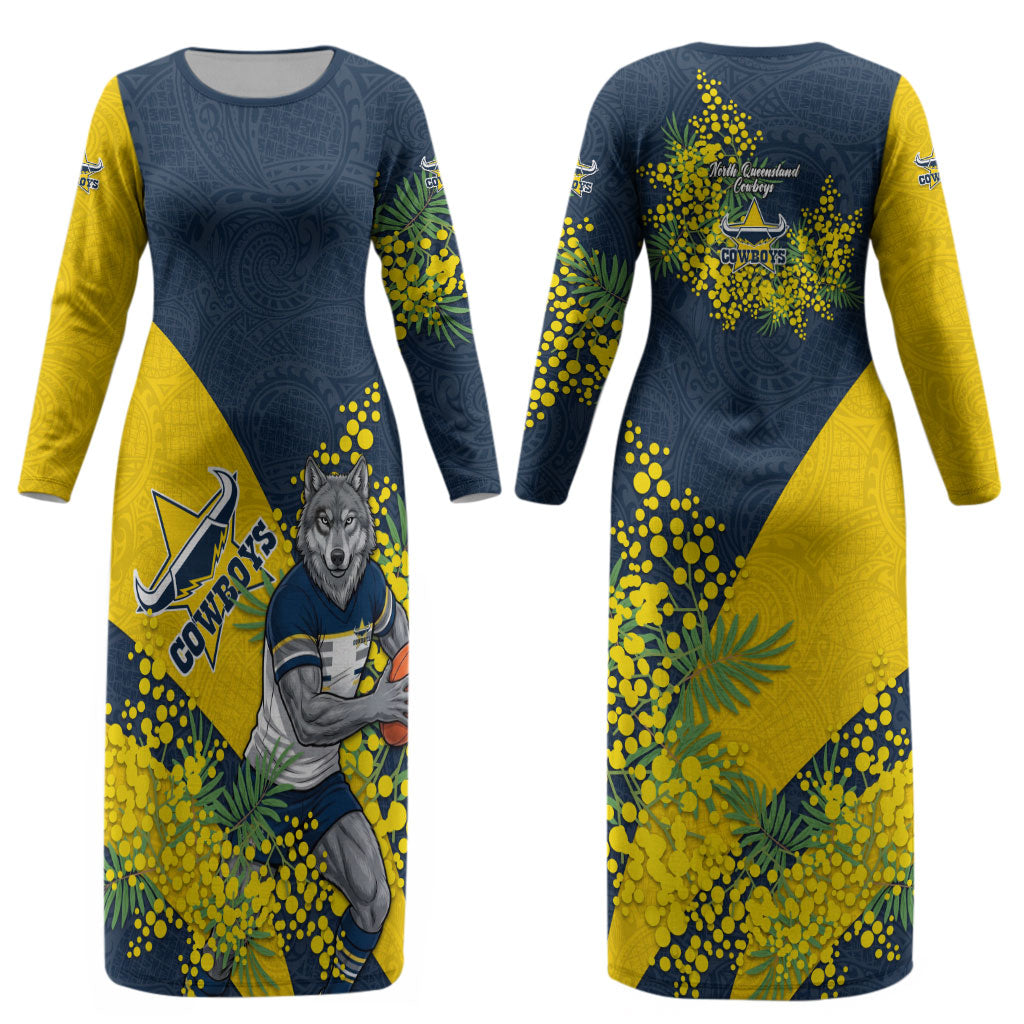 North Queensland Cowboys Couples Matching Long Sleeve Bodycon Dress and Long Sleeve Button Shirt Golden Wattle Floral Polynesian - Australian Flower - Rugby Mascot