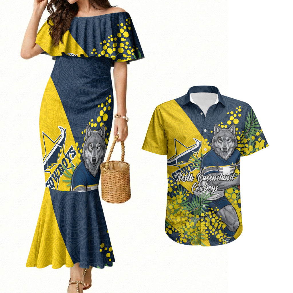 North Queensland Cowboys Couples Matching Mermaid Dress and Hawaiian Shirt Golden Wattle Floral Polynesian - Australian Flower - Rugby Mascot
