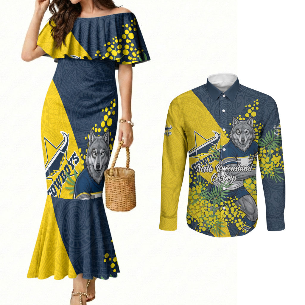 North Queensland Cowboys Couples Matching Mermaid Dress and Long Sleeve Button Shirt Golden Wattle Floral Polynesian - Australian Flower - Rugby Mascot