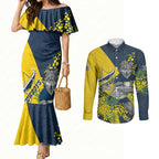 North Queensland Cowboys Couples Matching Mermaid Dress and Long Sleeve Button Shirt Golden Wattle Floral Polynesian - Australian Flower - Rugby Mascot