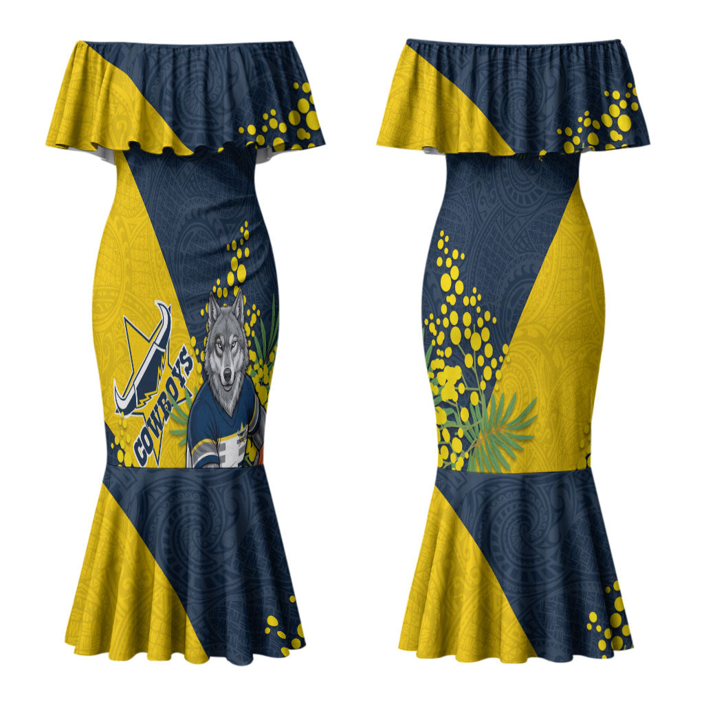 North Queensland Cowboys Couples Matching Mermaid Dress and Long Sleeve Button Shirt Golden Wattle Floral Polynesian - Australian Flower - Rugby Mascot