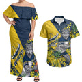North Queensland Cowboys Couples Matching Off Shoulder Maxi Dress and Hawaiian Shirt Golden Wattle Floral Polynesian - Australian Flower - Rugby Mascot