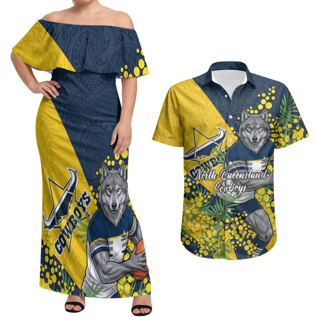 North Queensland Cowboys Couples Matching Off Shoulder Maxi Dress and Hawaiian Shirt Golden Wattle Floral Polynesian - Australian Flower - Rugby Mascot