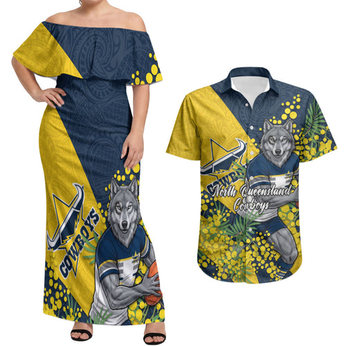 North Queensland Cowboys Couples Matching Off Shoulder Maxi Dress and Hawaiian Shirt Golden Wattle Floral Polynesian - Australian Flower - Rugby Mascot
