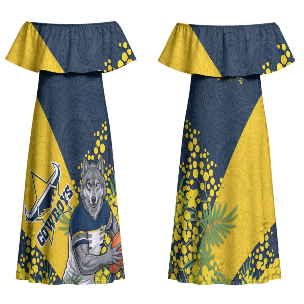 North Queensland Cowboys Couples Matching Off Shoulder Maxi Dress and Hawaiian Shirt Golden Wattle Floral Polynesian - Australian Flower - Rugby Mascot