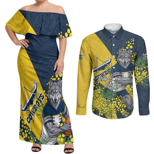 North Queensland Cowboys Couples Matching Off Shoulder Maxi Dress and Long Sleeve Button Shirt Golden Wattle Floral Polynesian - Australian Flower - Rugby Mascot