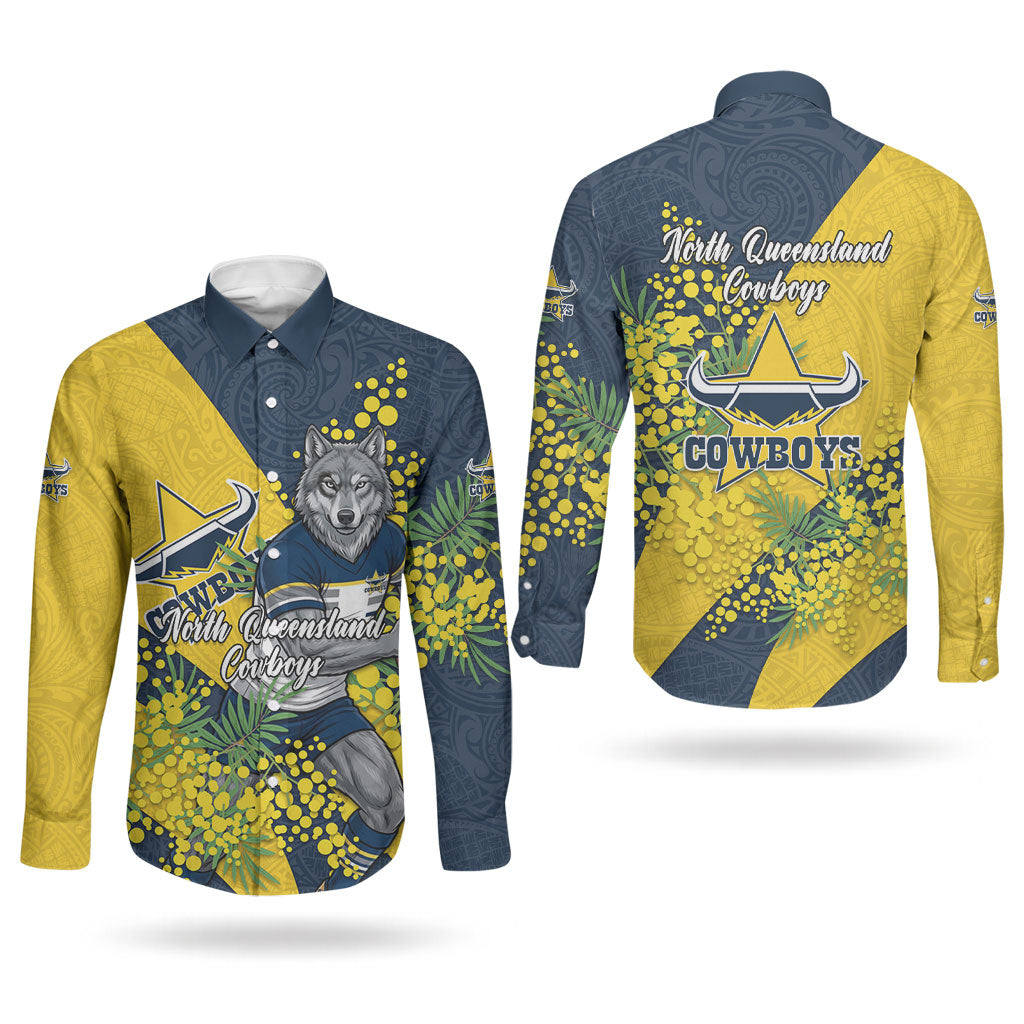 North Queensland Cowboys Couples Matching Off Shoulder Maxi Dress and Long Sleeve Button Shirt Golden Wattle Floral Polynesian - Australian Flower - Rugby Mascot