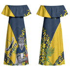 North Queensland Cowboys Couples Matching Off Shoulder Maxi Dress and Long Sleeve Button Shirt Golden Wattle Floral Polynesian - Australian Flower - Rugby Mascot