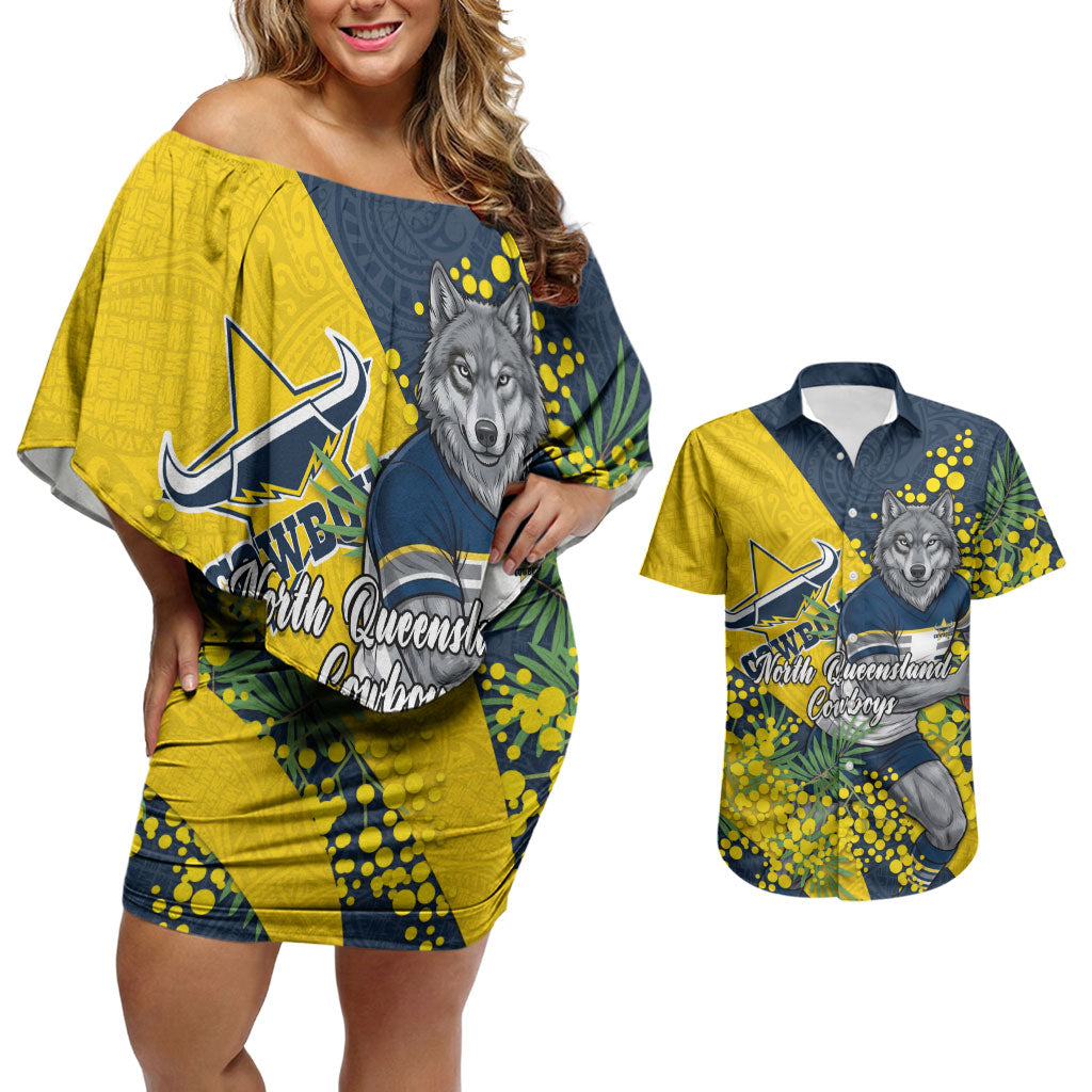 North Queensland Cowboys Couples Matching Off Shoulder Short Dress and Hawaiian Shirt Golden Wattle Floral Polynesian - Australian Flower - Rugby Mascot