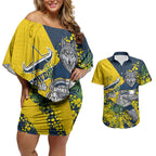 North Queensland Cowboys Couples Matching Off Shoulder Short Dress and Hawaiian Shirt Golden Wattle Floral Polynesian - Australian Flower - Rugby Mascot