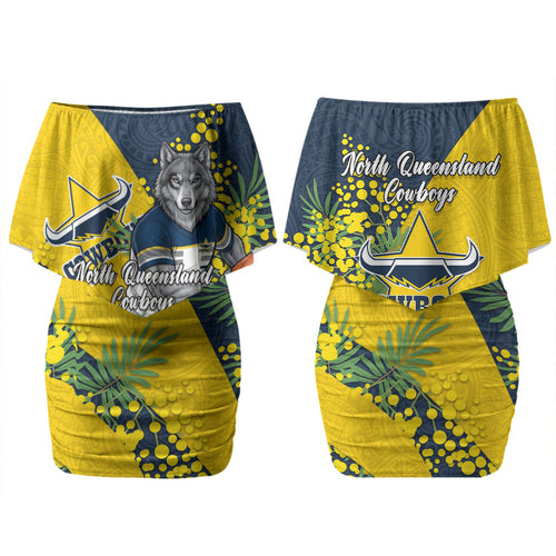 North Queensland Cowboys Couples Matching Off Shoulder Short Dress and Hawaiian Shirt Golden Wattle Floral Polynesian - Australian Flower - Rugby Mascot
