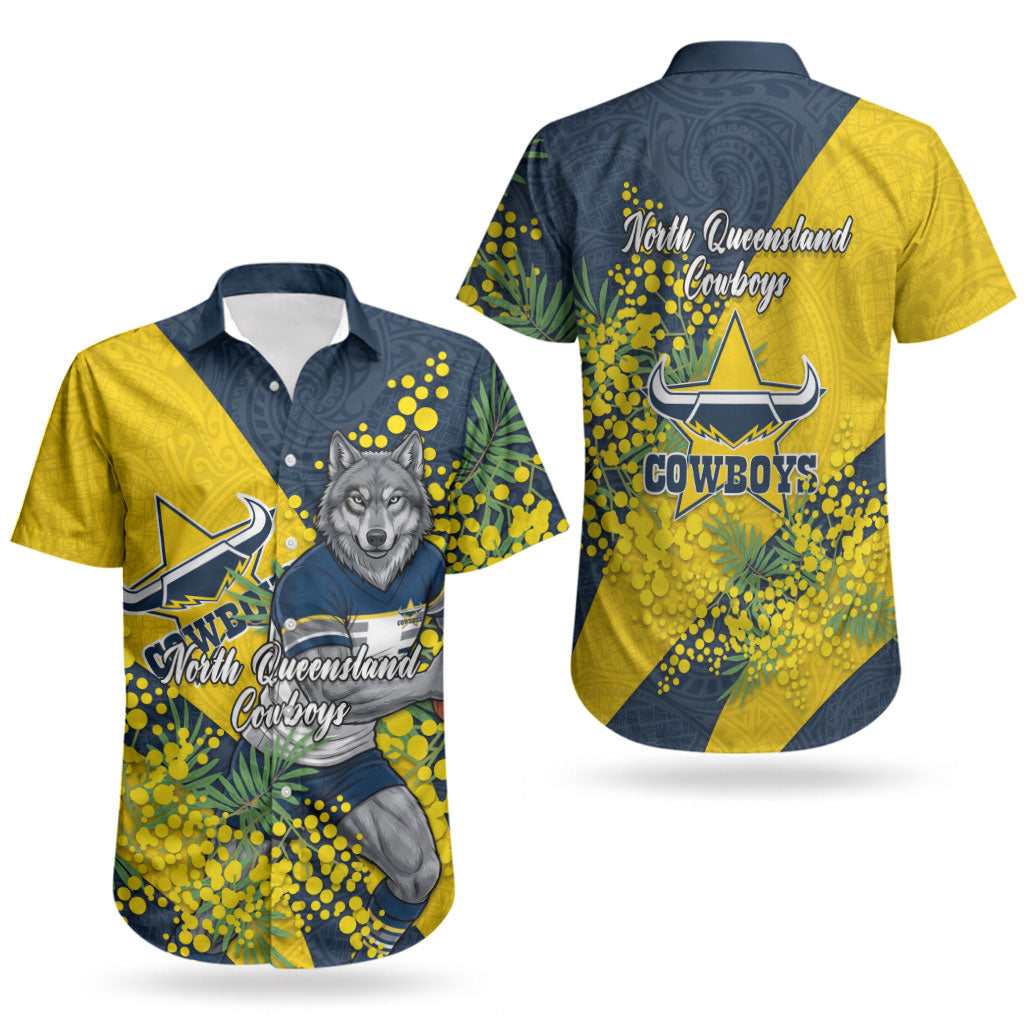 North Queensland Cowboys Couples Matching Off Shoulder Short Dress and Hawaiian Shirt Golden Wattle Floral Polynesian - Australian Flower - Rugby Mascot