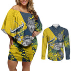 North Queensland Cowboys Couples Matching Off Shoulder Short Dress and Long Sleeve Button Shirt Golden Wattle Floral Polynesian - Australian Flower - Rugby Mascot