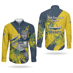 North Queensland Cowboys Couples Matching Off Shoulder Short Dress and Long Sleeve Button Shirt Golden Wattle Floral Polynesian - Australian Flower - Rugby Mascot