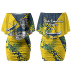 North Queensland Cowboys Couples Matching Off Shoulder Short Dress and Long Sleeve Button Shirt Golden Wattle Floral Polynesian - Australian Flower - Rugby Mascot