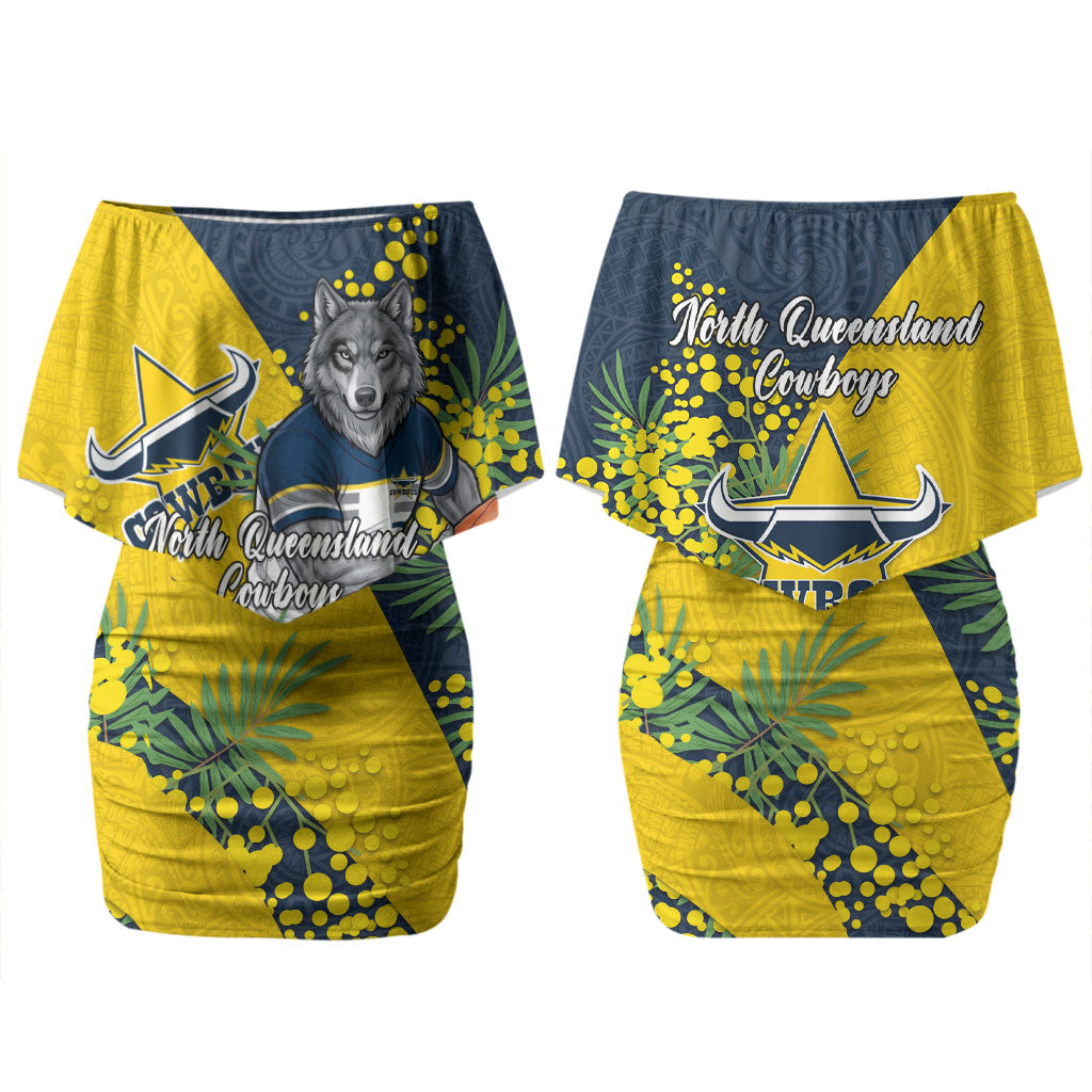 North Queensland Cowboys Couples Matching Off Shoulder Short Dress and Long Sleeve Button Shirt Golden Wattle Floral Polynesian - Australian Flower - Rugby Mascot