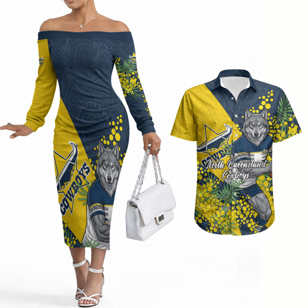 North Queensland Cowboys Couples Matching Off The Shoulder Long Sleeve Dress and Hawaiian Shirt Golden Wattle Floral Polynesian - Australian Flower - Rugby Mascot